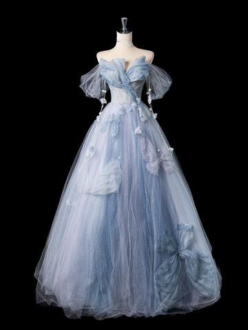 A Line Off The Shoulder Blue Tulle Long Prom Dresses Formal Evening Dress SD2356